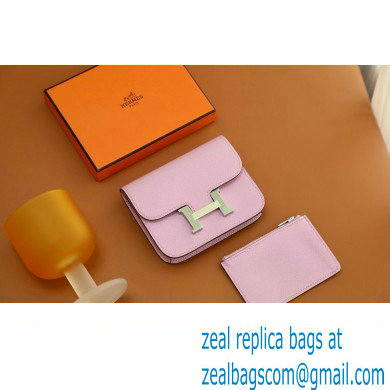 Hermes epsom leather Constance Slim Wallet with belt handmade mauve sylvestre/silver (original quality)