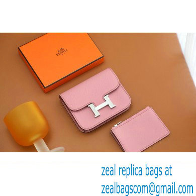 Hermes epsom leather Constance Slim Wallet with belt handmade pink/silver (original quality)