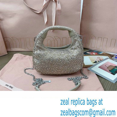 Miu Miu Wander satin and silk mini hobo bag with synthetic crystals 5BP078 Beige 2024