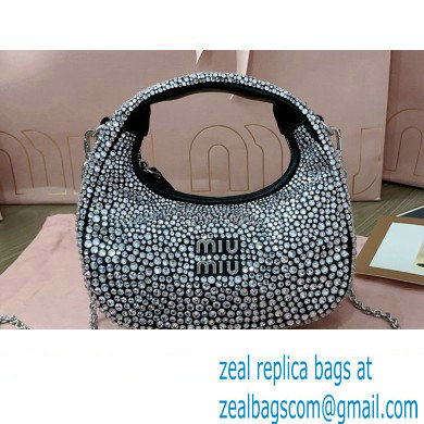 Miu Miu Wander satin and silk mini hobo bag with synthetic crystals 5BP078 Black 2024 - Click Image to Close