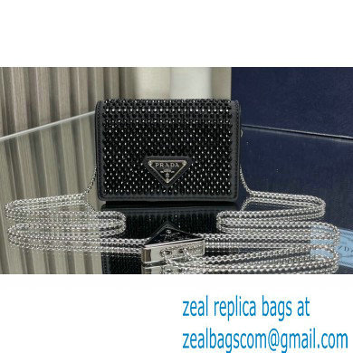 Prada Cardholder with shoulder strap and crystals Bag 1MR024 Black 2024 - Click Image to Close