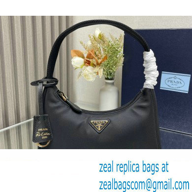 Prada Re-Edition 2000 Re-Nylon and Saffiano Mini Hobo Bag 1NE515 Black/Gold 2024 - Click Image to Close