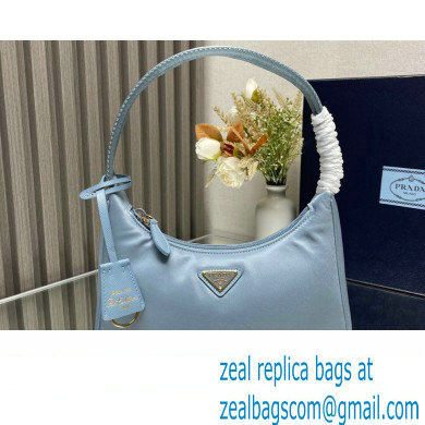 Prada Re-Edition 2000 Re-Nylon and Saffiano Mini Hobo Bag 1NE515 Sky Blue/Gold 2024 - Click Image to Close