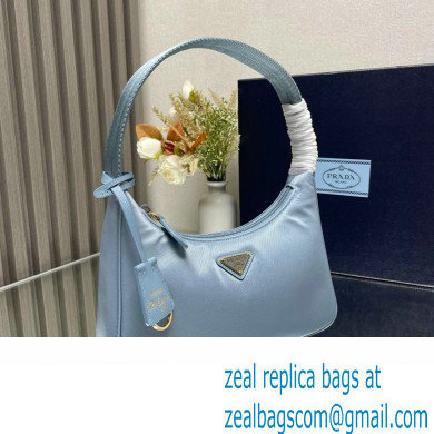 Prada Re-Edition 2000 Re-Nylon and Saffiano Mini Hobo Bag 1NE515 Sky Blue/Gold 2024