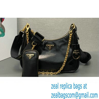 Prada Re-Edition 2005 Leather Shoulder Hobo Bag with nylon shoulder strap 1BH204 black 2024