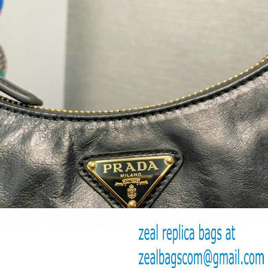 Prada Re-Edition 2005 Leather Shoulder Hobo Bag with nylon shoulder strap 1BH204 black 2024