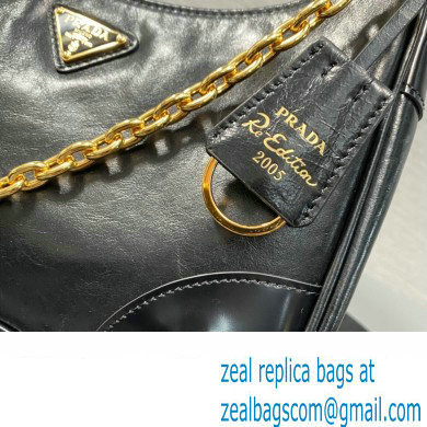 Prada Re-Edition 2005 Leather Shoulder Hobo Bag with nylon shoulder strap 1BH204 black 2024