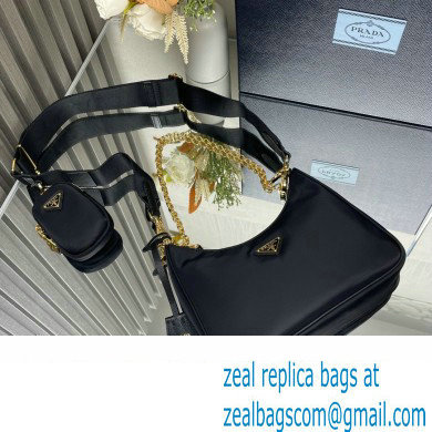 Prada Re-Edition 2005 Re-Nylon Hobo Bag 1BH204 Black/Gold 2024 - Click Image to Close