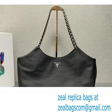 Prada Soft Calfskin Leather Chain Tote Bag 1BA638 Black 2023 - Click Image to Close