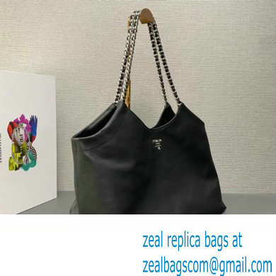 Prada Soft Calfskin Leather Chain Tote Bag 1BA638 Black 2023 - Click Image to Close