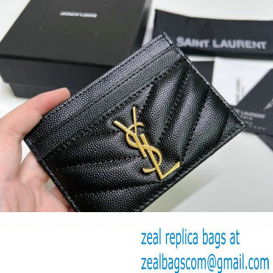 Saint Laurent Cassandre Matelasse Card Case In Grain De Poudre Embossed Leather 423291 Black/Gold - Click Image to Close