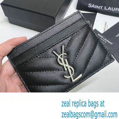 Saint Laurent Cassandre Matelasse Card Case In Grain De Poudre Embossed Leather 423291 Black/Silver - Click Image to Close