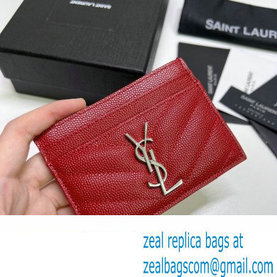 Saint Laurent Cassandre Matelasse Card Case In Grain De Poudre Embossed Leather 423291 Red/Silver - Click Image to Close