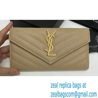 Saint Laurent Cassandre Matelasse Large Flap Wallet In Grain De Poudre Embossed Leather 372264 Beige/Gold