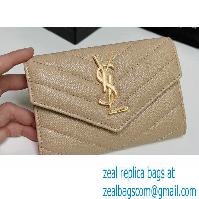 Saint Laurent Cassandre Matelasse Small Envelope Wallet In Grain De Poudre Embossed Leather 414404 Beige/Gold