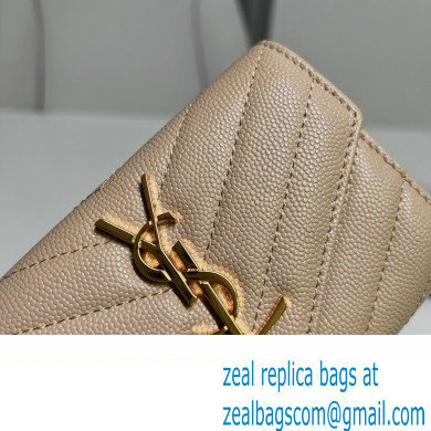 Saint Laurent Cassandre Matelasse Small Envelope Wallet In Grain De Poudre Embossed Leather 414404 Beige/Gold