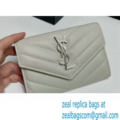 Saint Laurent Cassandre Matelasse Small Envelope Wallet In Grain De Poudre Embossed Leather 414404 Blanc Vintage/Silver