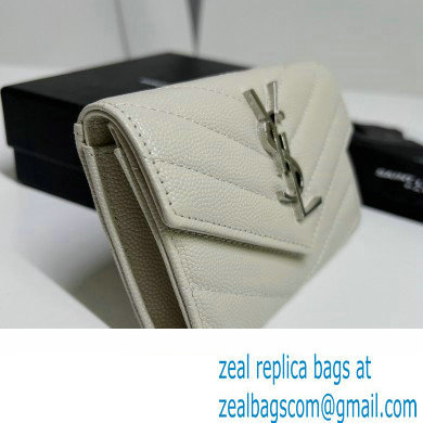 Saint Laurent Cassandre Matelasse Small Envelope Wallet In Grain De Poudre Embossed Leather 414404 Blanc Vintage/Silver