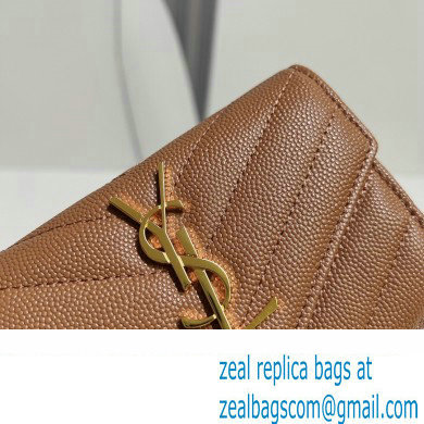 Saint Laurent Cassandre Matelasse Small Envelope Wallet In Grain De Poudre Embossed Leather 414404 Brown/Gold - Click Image to Close