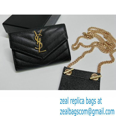 Saint Laurent Cassandre Matelasse Small Envelope Wallet with Chain In Grain De Poudre Embossed Leather 414404 Black