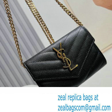 Saint Laurent Cassandre Matelasse Small Envelope Wallet with Chain In Grain De Poudre Embossed Leather 414404 Black