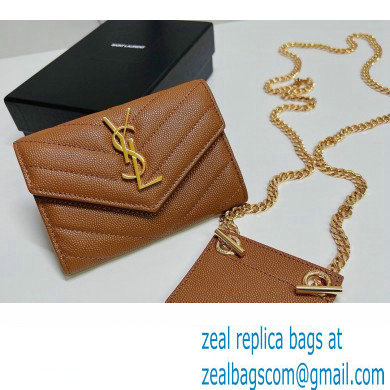 Saint Laurent Cassandre Matelasse Small Envelope Wallet with Chain In Grain De Poudre Embossed Leather 414404 Brown