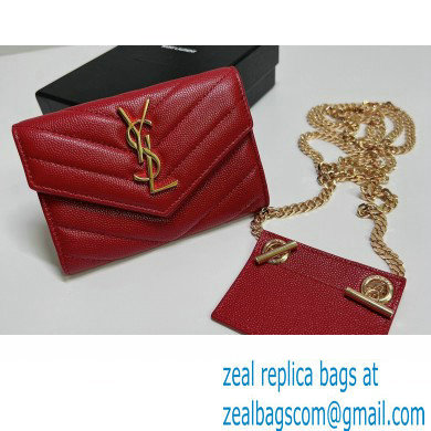 Saint Laurent Cassandre Matelasse Small Envelope Wallet with Chain In Grain De Poudre Embossed Leather 414404 Red