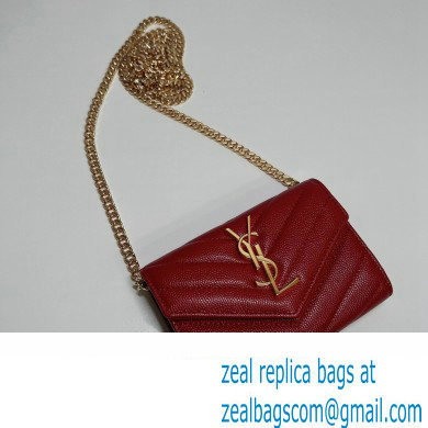 Saint Laurent Cassandre Matelasse Small Envelope Wallet with Chain In Grain De Poudre Embossed Leather 414404 Red