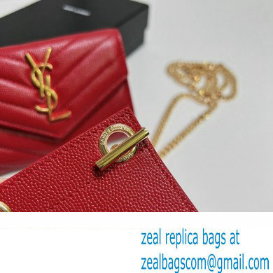 Saint Laurent Cassandre Matelasse Small Envelope Wallet with Chain In Grain De Poudre Embossed Leather 414404 Red