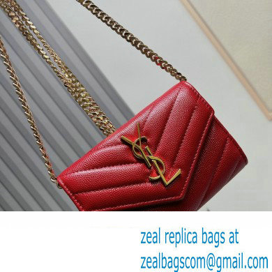 Saint Laurent Cassandre Matelasse Small Envelope Wallet with Chain In Grain De Poudre Embossed Leather 414404 Red