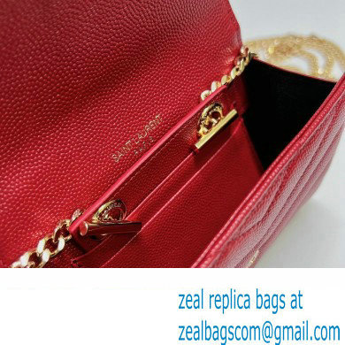 Saint Laurent Cassandre Matelasse Small Envelope Wallet with Chain In Grain De Poudre Embossed Leather 414404 Red