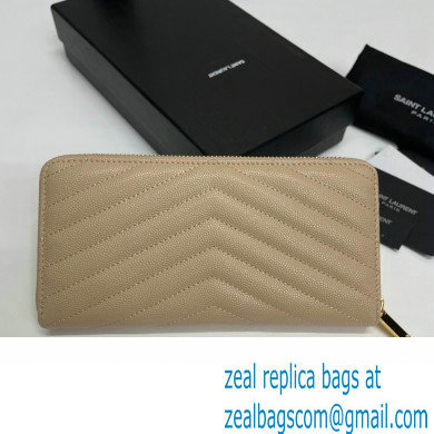 Saint Laurent Cassandre Matelasse Zip Around Wallet In Grain De Poudre Embossed Leather 358094 Beige/Gold