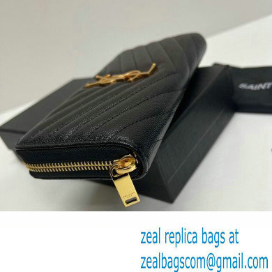 Saint Laurent Cassandre Matelasse Zip Around Wallet In Grain De Poudre Embossed Leather 358094 Black/Gold