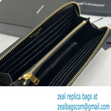 Saint Laurent Cassandre Matelasse Zip Around Wallet In Grain De Poudre Embossed Leather 358094 Black/Gold