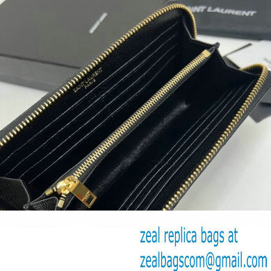 Saint Laurent Cassandre Matelasse Zip Around Wallet In Grain De Poudre Embossed Leather 358094 Black/Gold