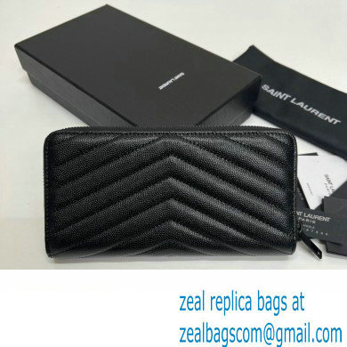 Saint Laurent Cassandre Matelasse Zip Around Wallet In Grain De Poudre Embossed Leather 358094 Black