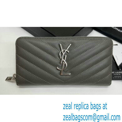 Saint Laurent Cassandre Matelasse Zip Around Wallet In Grain De Poudre Embossed Leather 358094 Gray/Silver