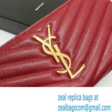 Saint Laurent Cassandre Matelasse Zip Around Wallet In Grain De Poudre Embossed Leather 358094 Red/Gold - Click Image to Close