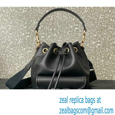 Valentino Loco Bucket Bag In Calfskin Leather Black With Enamel Tone-On-Tone Vlogo Signature 2024