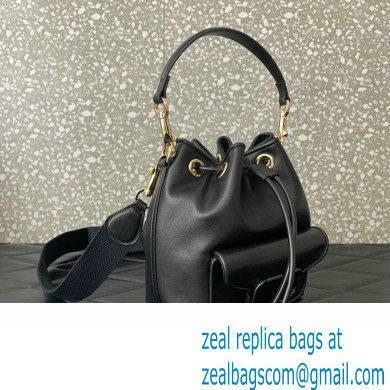 Valentino Loco Bucket Bag In Calfskin Leather Black With Enamel Tone-On-Tone Vlogo Signature 2024