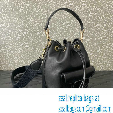 Valentino Loco Bucket Bag In Calfskin Leather Black With Enamel Tone-On-Tone Vlogo Signature 2024 - Click Image to Close