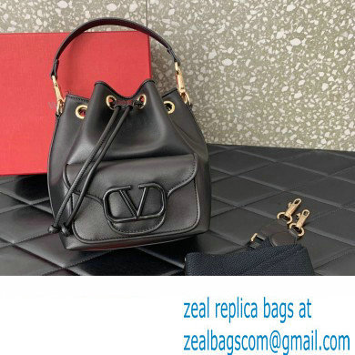 Valentino Loco Bucket Bag In Calfskin Leather Black With Enamel Tone-On-Tone Vlogo Signature 2024