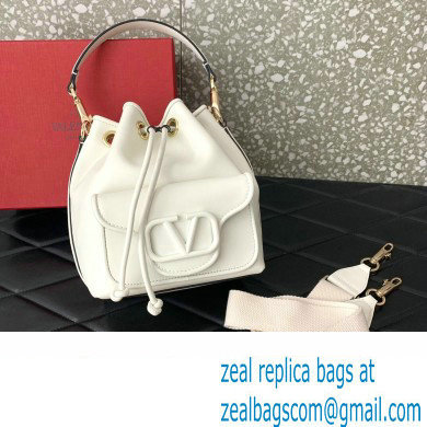 Valentino Loco Bucket Bag In Calfskin Leather White With Enamel Tone-On-Tone Vlogo Signature 2024