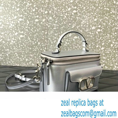 Valentino Mini Loco Handbag In Calfskin Leather Silver With Enamel Tone-On-Tone Vlogo Signature 2024 - Click Image to Close