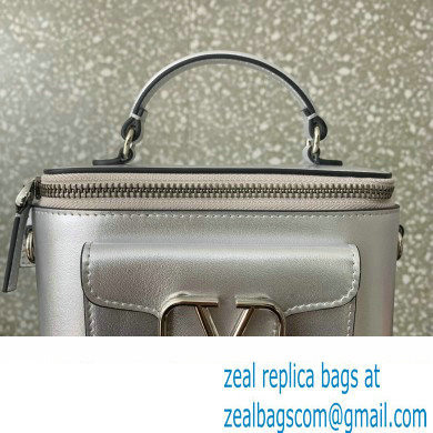 Valentino Mini Loco Handbag In Calfskin Leather Silver With Enamel Tone-On-Tone Vlogo Signature 2024