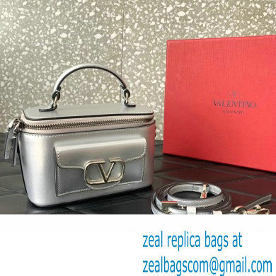 Valentino Mini Loco Handbag In Calfskin Leather Silver With Enamel Tone-On-Tone Vlogo Signature 2024