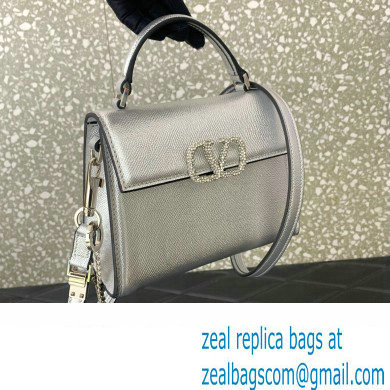 Valentino Mini VSLING Handbag in metallic Silver grainy calfskin with VLogo Signature crystals 2024 - Click Image to Close