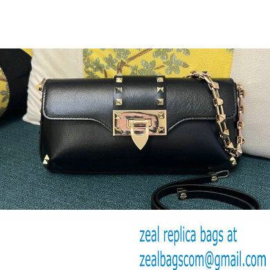 Valentino Rockstud Brushed Calfskin Shoulder Bag Black/Gold 2023 - Click Image to Close