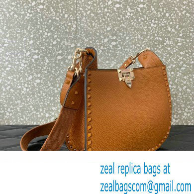 Valentino Rockstud Hobo Bag in Grainy Calfskin Brown 2024