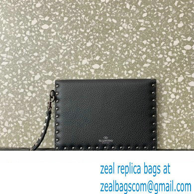 Valentino Rockstud Pouch Clutch Bag in Grainy Calfskin Black 2024